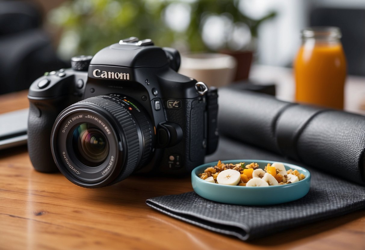 A photographer's camera and equipment laid out on a table, surrounded by a glass of water, healthy snacks, a foam roller, and a yoga mat