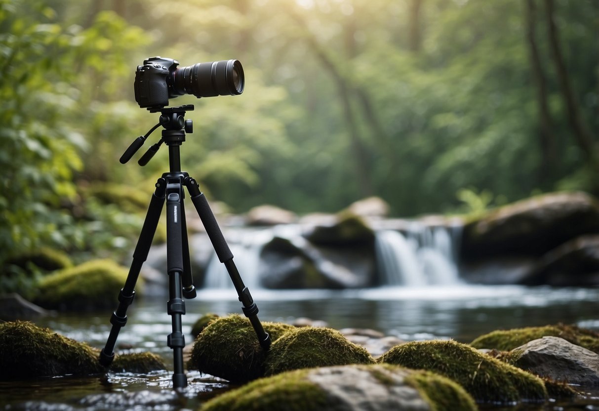 A peaceful nature scene with a camera and tripod set up, surrounded by serene landscapes and calming elements like flowing water or gentle breezes