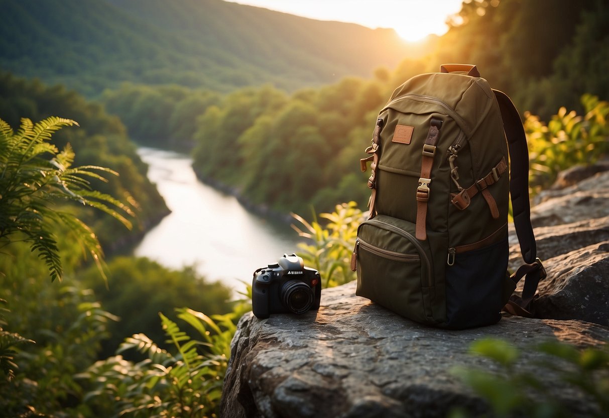 A photographer's backpack sits on a rocky ledge, surrounded by lush greenery and a flowing river. The sun is setting, casting a warm glow over the scene, as the photographer sets up their camera for the perfect shot