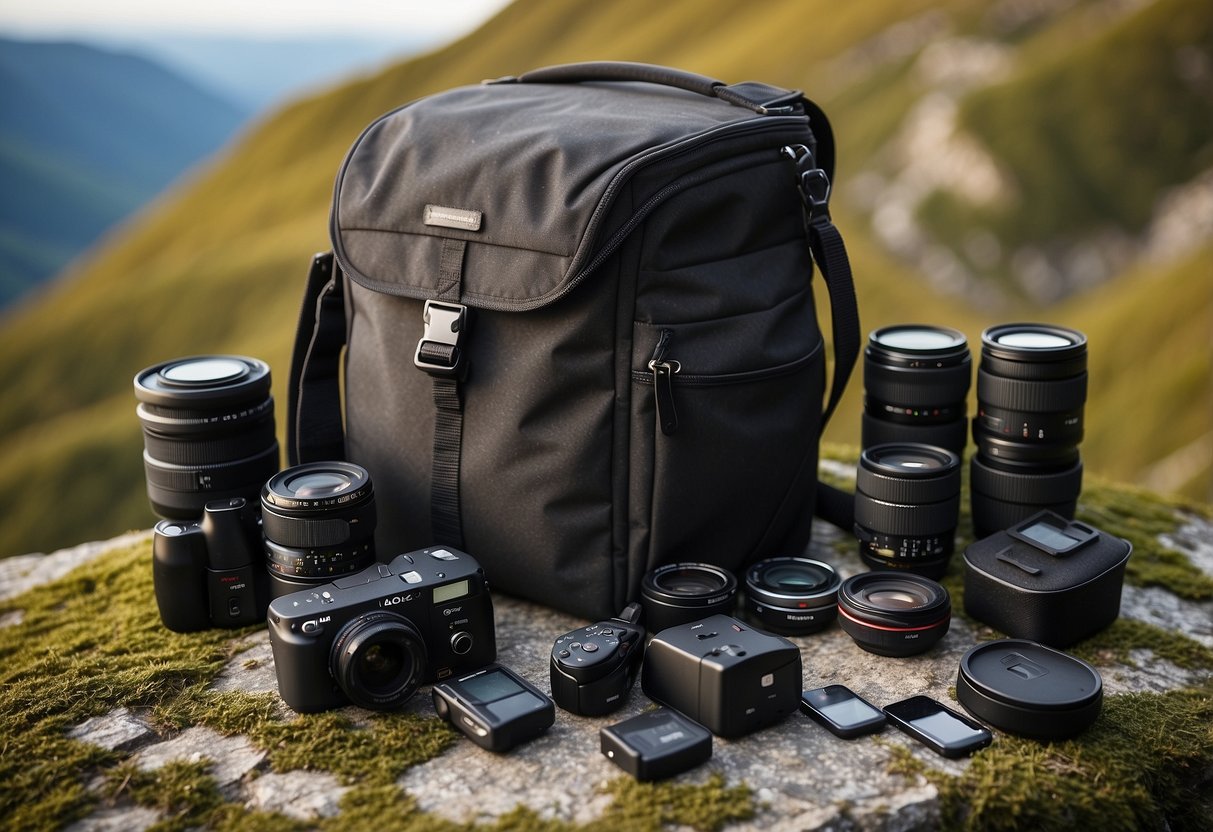 A camera bag with extra batteries, surrounded by scenic landscapes and photography equipment