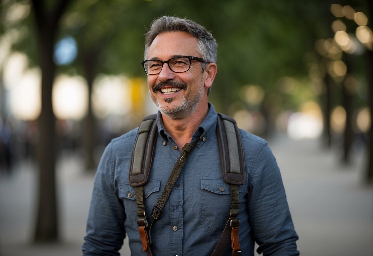 A camera strap hangs from a sturdy shoulder, with a camera attached. The strap is padded and comfortable, providing support for long photography trips