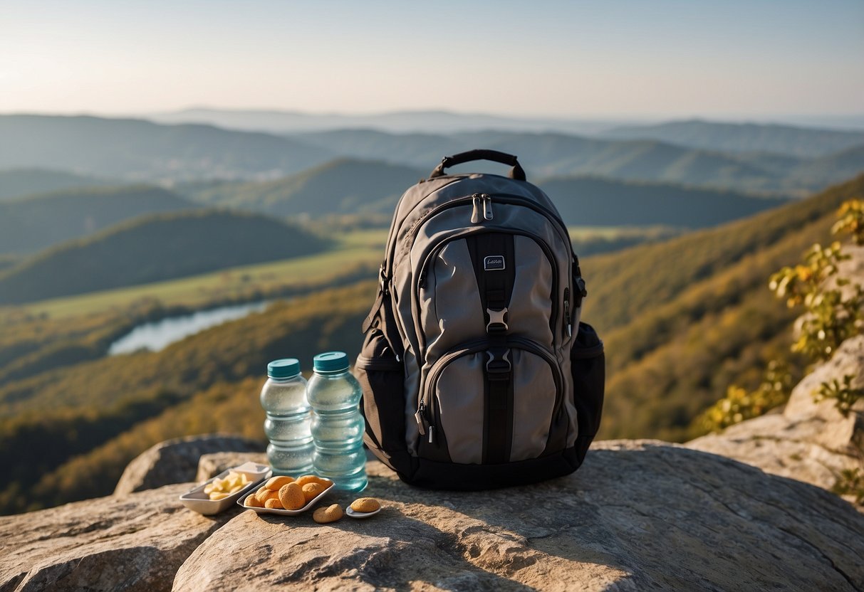 A backpack with snacks and water bottles sits on a rocky cliff overlooking a scenic landscape. The sun is shining, and a camera is nearby