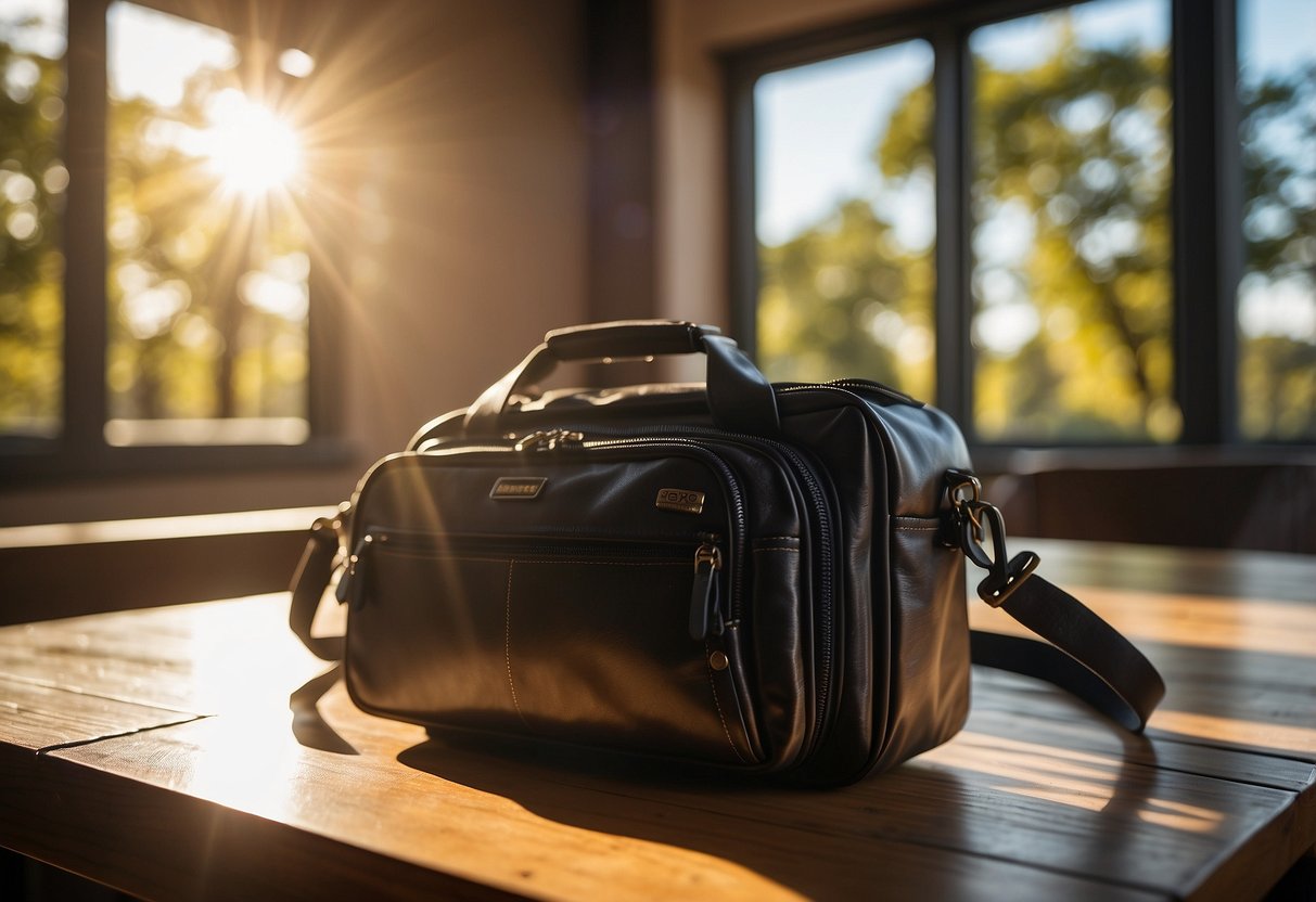 A camera bag sits on a wooden table next to a map and a notebook. The sun shines through a nearby window, casting a warm glow on the scene. The bag is packed and ready for an adventurous photography trip