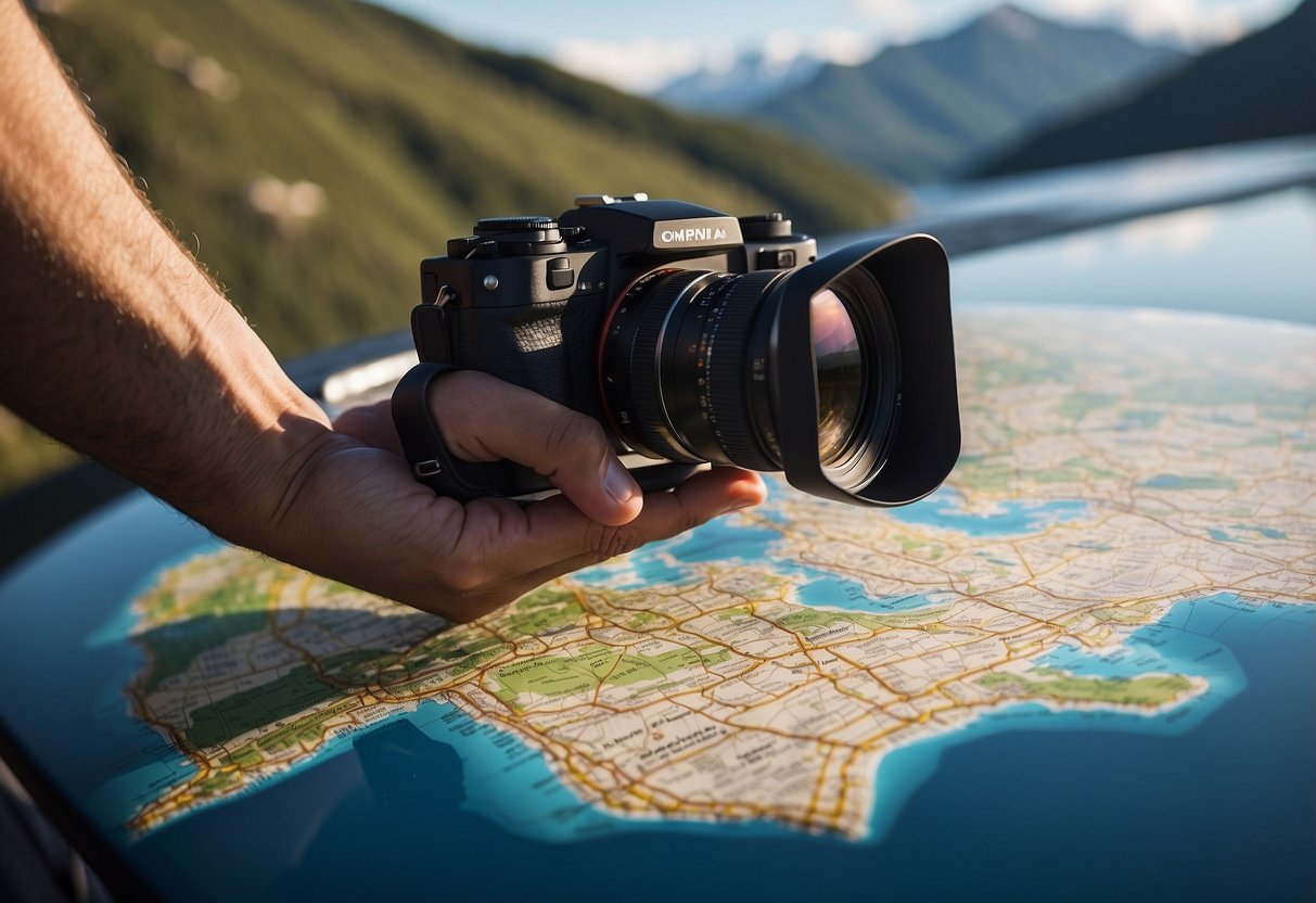 A photographer's hand holding a map, surrounded by camera gear, with a scenic backdrop and a clear blue sky