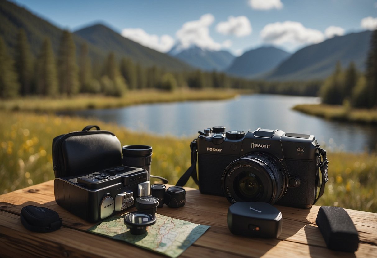 A person listens to a podcast while packing camera gear for a trip. Outdoor scenery and a map are visible in the background