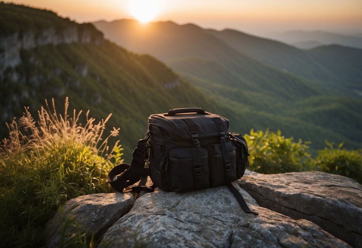 A camera bag sits open on a rocky cliff, surrounded by lush greenery. A tripod stands nearby, capturing a breathtaking landscape. The sun is setting, casting a warm glow over the scene