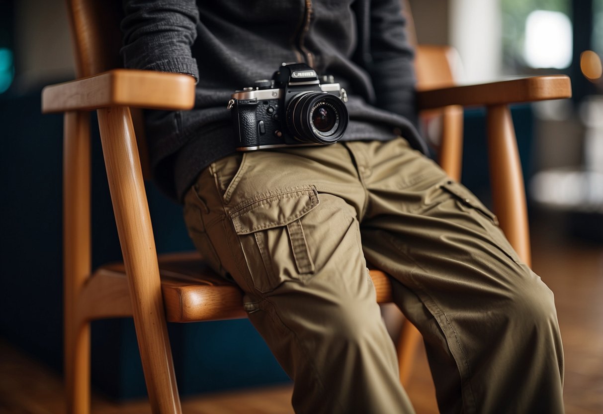 A cozy, well-worn pair of cargo pants draped over a chair, with a camera and lens peeking out of the pocket