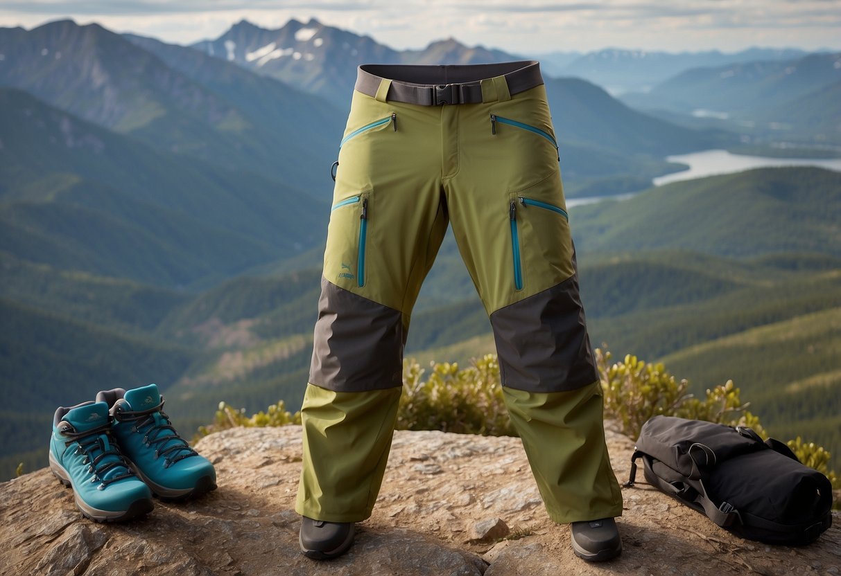 A pair of Arc'teryx Lefroy pants laid out on a rugged, outdoor terrain with a scenic backdrop. The pants are neatly folded and surrounded by hiking gear, showcasing their durability and comfort for outdoor photography