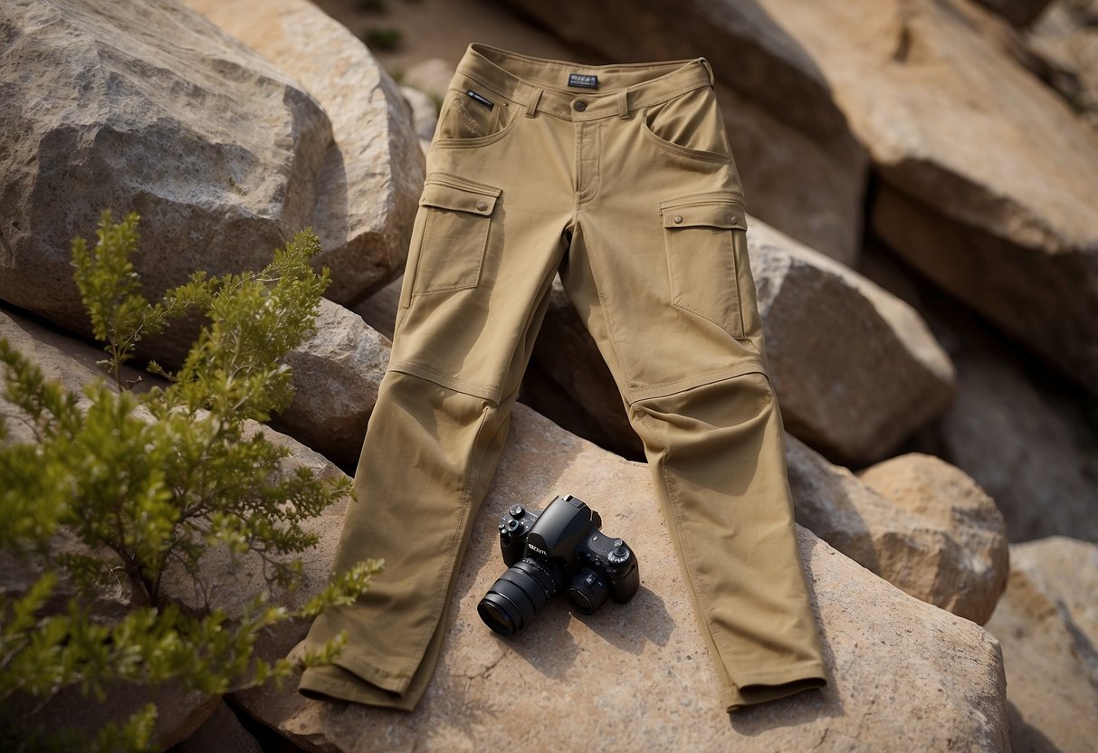 A pair of Prana Stretch Zion pants laid out on a rocky terrain with a camera and backpack nearby, showcasing comfort and durability