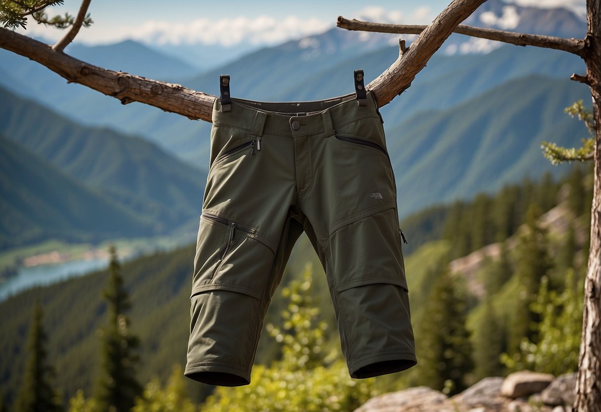 A pair of Outdoor Research Ferrosi Pants hanging on a tree branch, with a scenic outdoor backdrop of mountains and greenery in the background