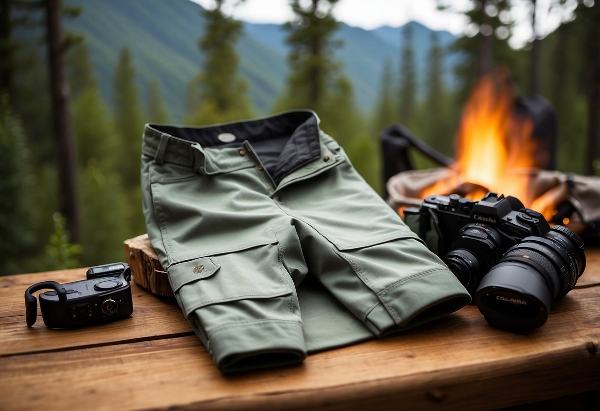 A pair of Columbia Silver Ridge pants laid out on a rustic wooden table, surrounded by outdoor photography equipment and a cozy camping scene in the background