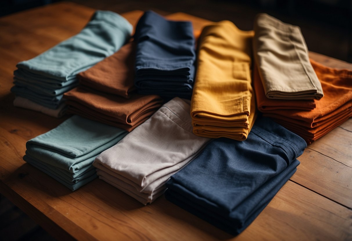 A table with 5 pairs of pants in different fabrics and colors, laid out neatly. Comfortable and stylish, ready for a photography shoot