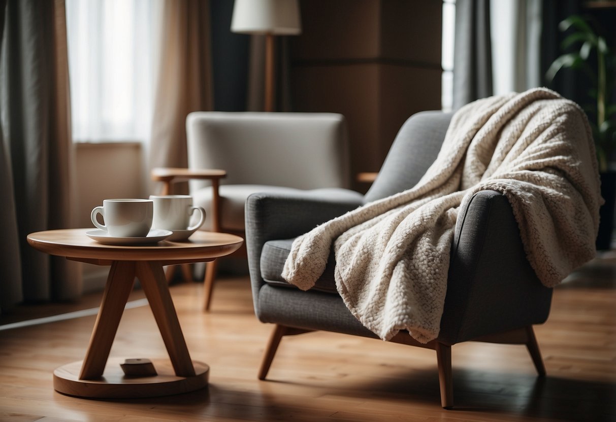 A cozy, well-lit room with a comfortable armchair, a soft blanket, and a warm cup of coffee on a side table. A pair of stylish, yet relaxed photography pants are draped over the back of the chair