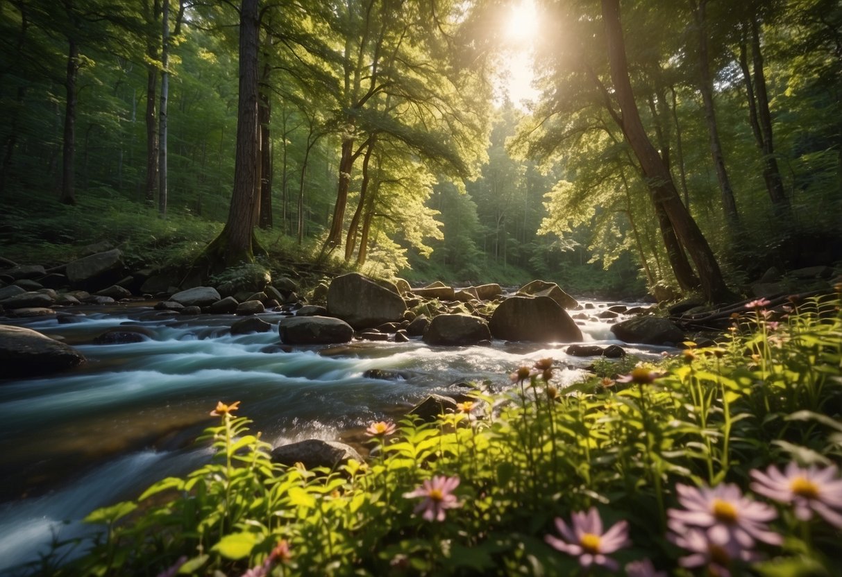 Vibrant green forest with sunlight streaming through the trees, a flowing river, colorful flowers, and a clear blue sky. Various nature photography apps displayed on a smartphone