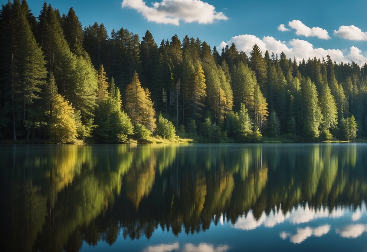 Lush forest with sunlight filtering through trees, a serene lake reflecting the vibrant colors of the surrounding foliage, and a clear blue sky with fluffy white clouds