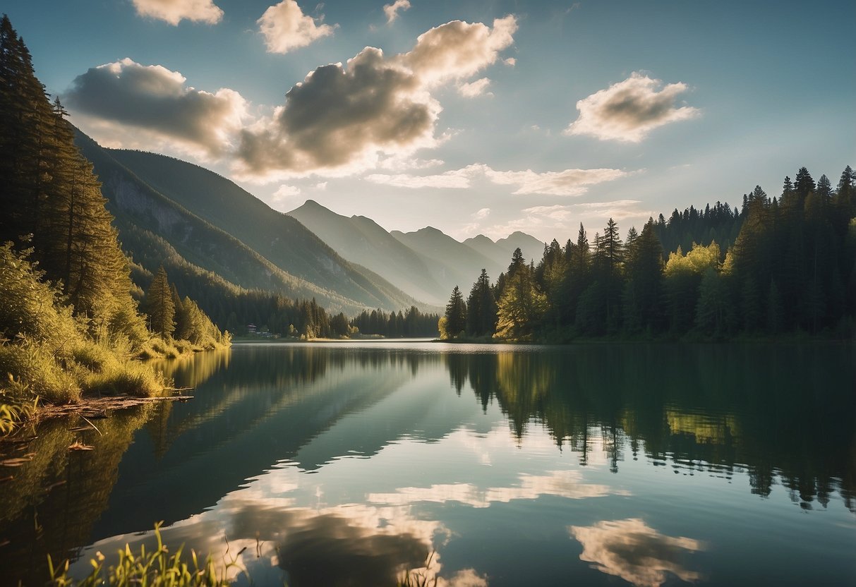 A serene lake surrounded by lush greenery, with a clear reflection of the sky and mountains in the water. A soft, golden light illuminates the scene, creating the perfect photography spot