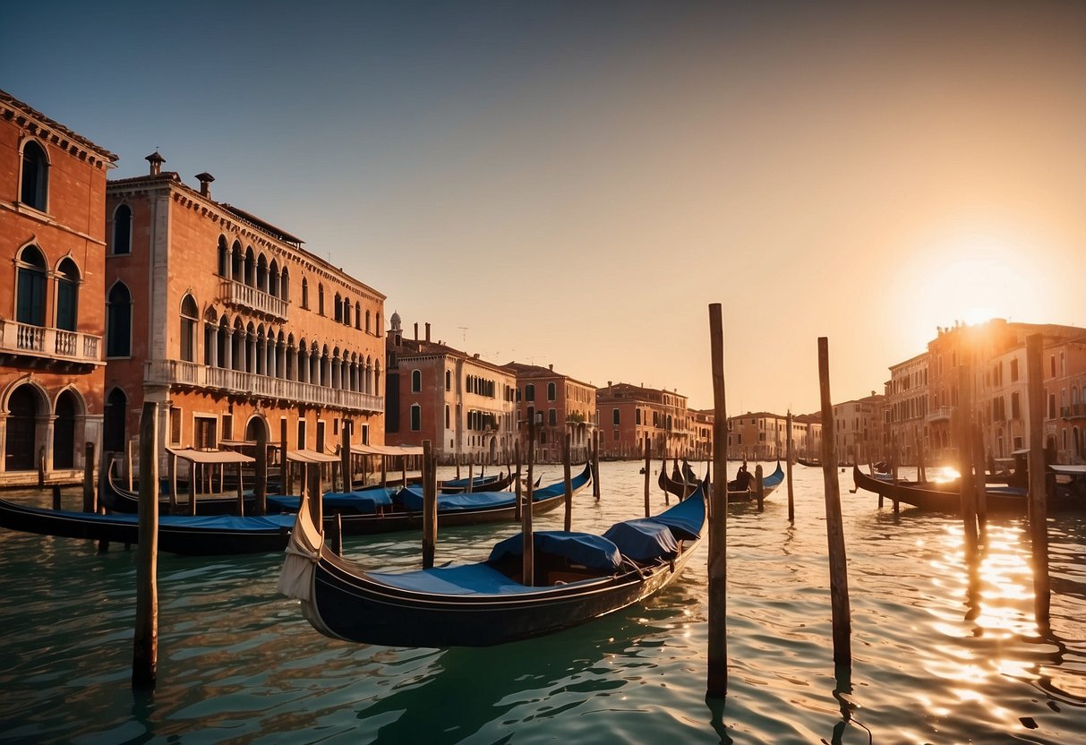 The sun sets over the Grand Canal, casting a warm glow on the ancient buildings lining the water. Gondolas glide peacefully along the calm waters, creating a picturesque scene of Venetian beauty