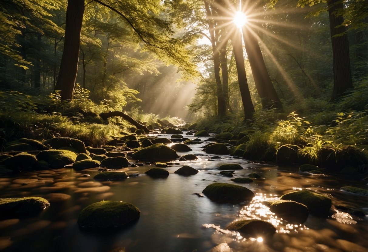 A serene landscape with soft, golden sunlight filtering through the trees, casting dappled shadows on the forest floor. A tranquil stream reflects the warm glow, creating a picturesque photography spot