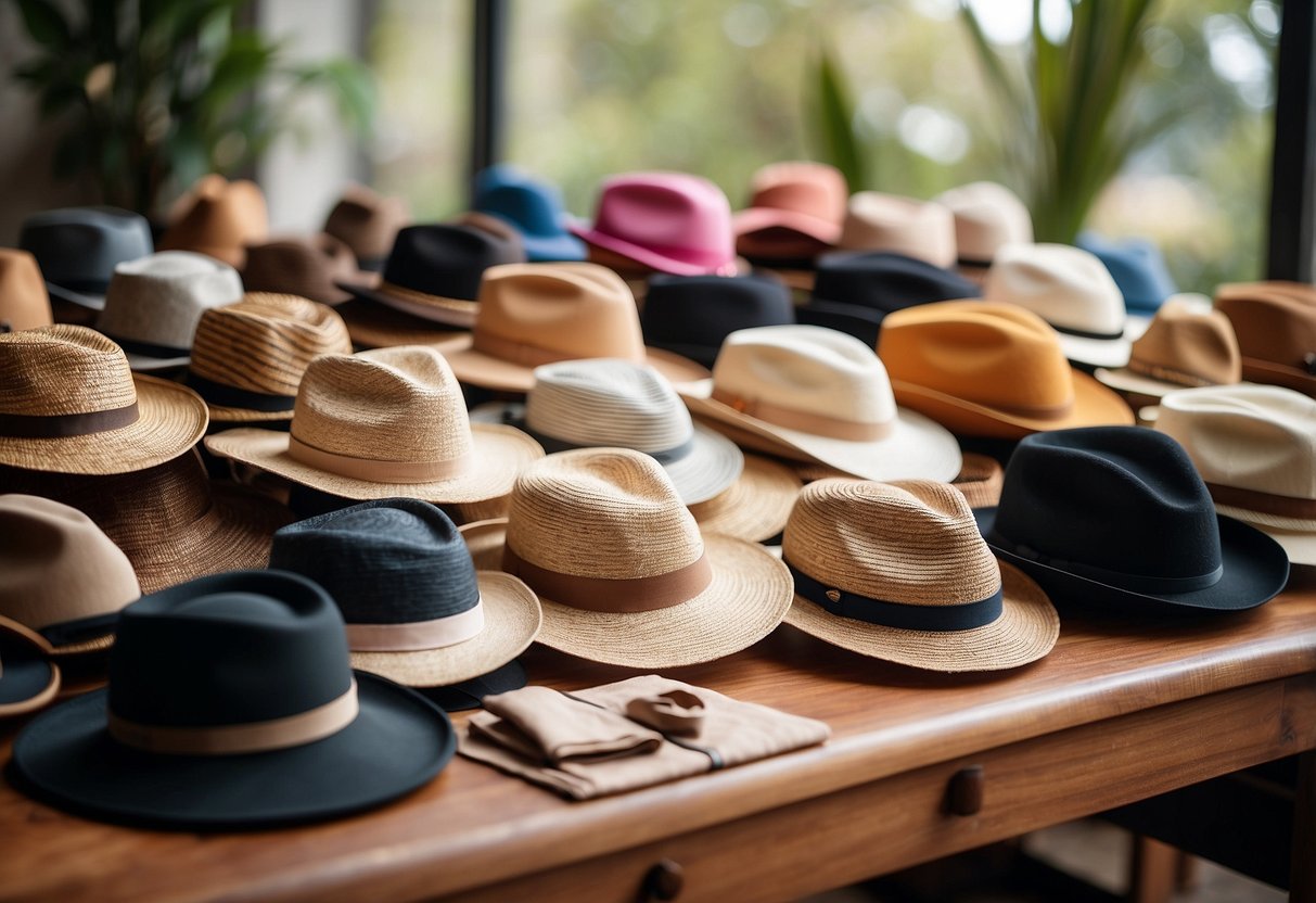 A woman's hat collection displayed on a table, with natural lighting and a soft, neutral background. Each hat is lightweight and stylish, perfect for outdoor photography