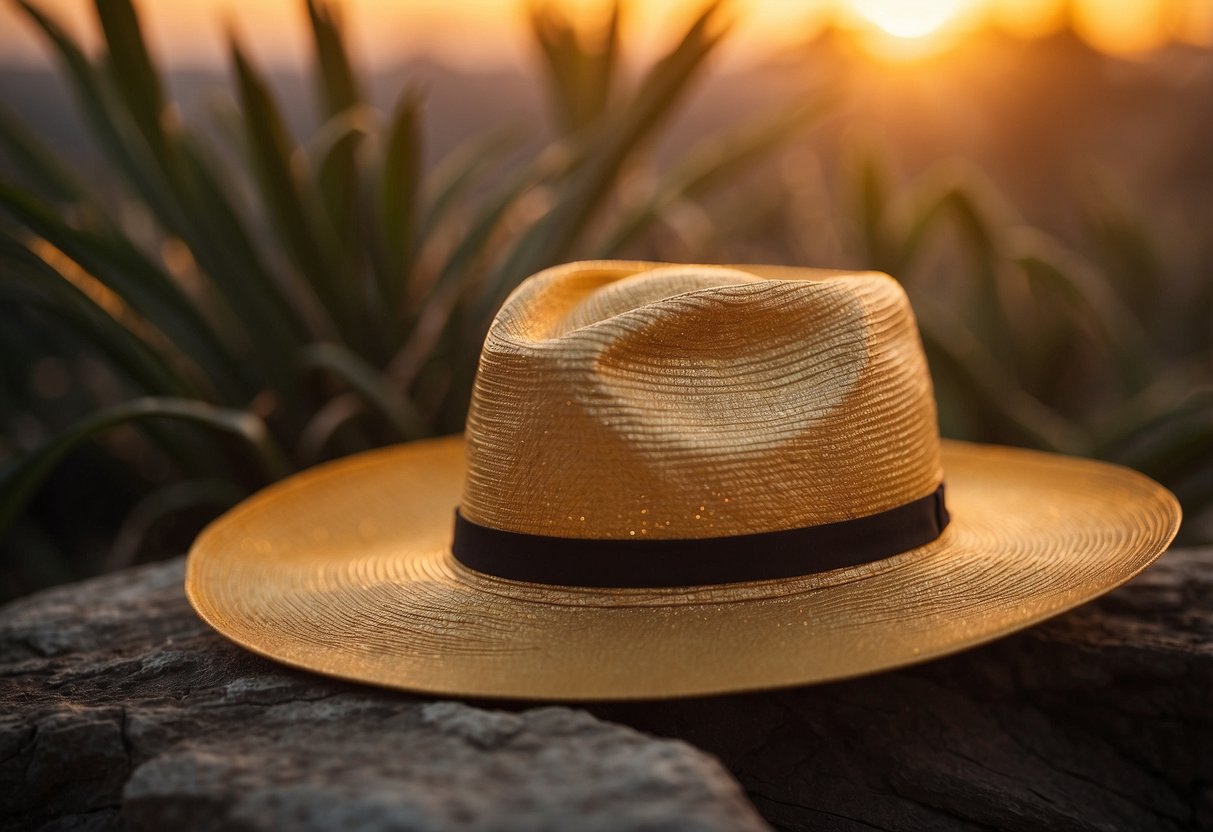 A golden sunset illuminates a woman's hat, casting a warm glow. The hat is lightweight and stylish, perfect for outdoor photography