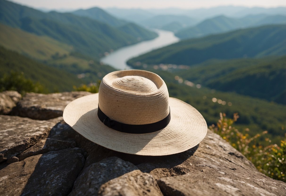 A woman's packable hat rests on a rocky ledge with a scenic view in the background