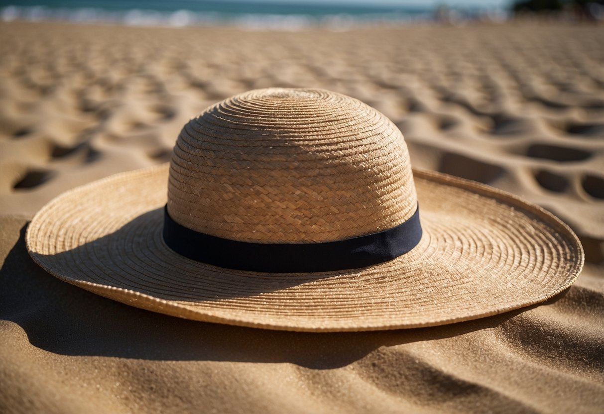 A wide-brimmed sun hat sits on a beach chair, casting a shadow on the sand. The hat is braided and lightweight, perfect for outdoor photography