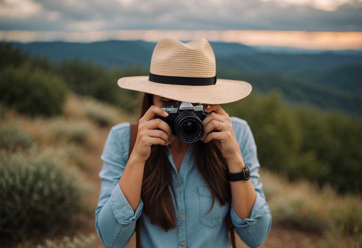 A female photographer wearing a lightweight hat, capturing a scenic landscape with ease and comfort