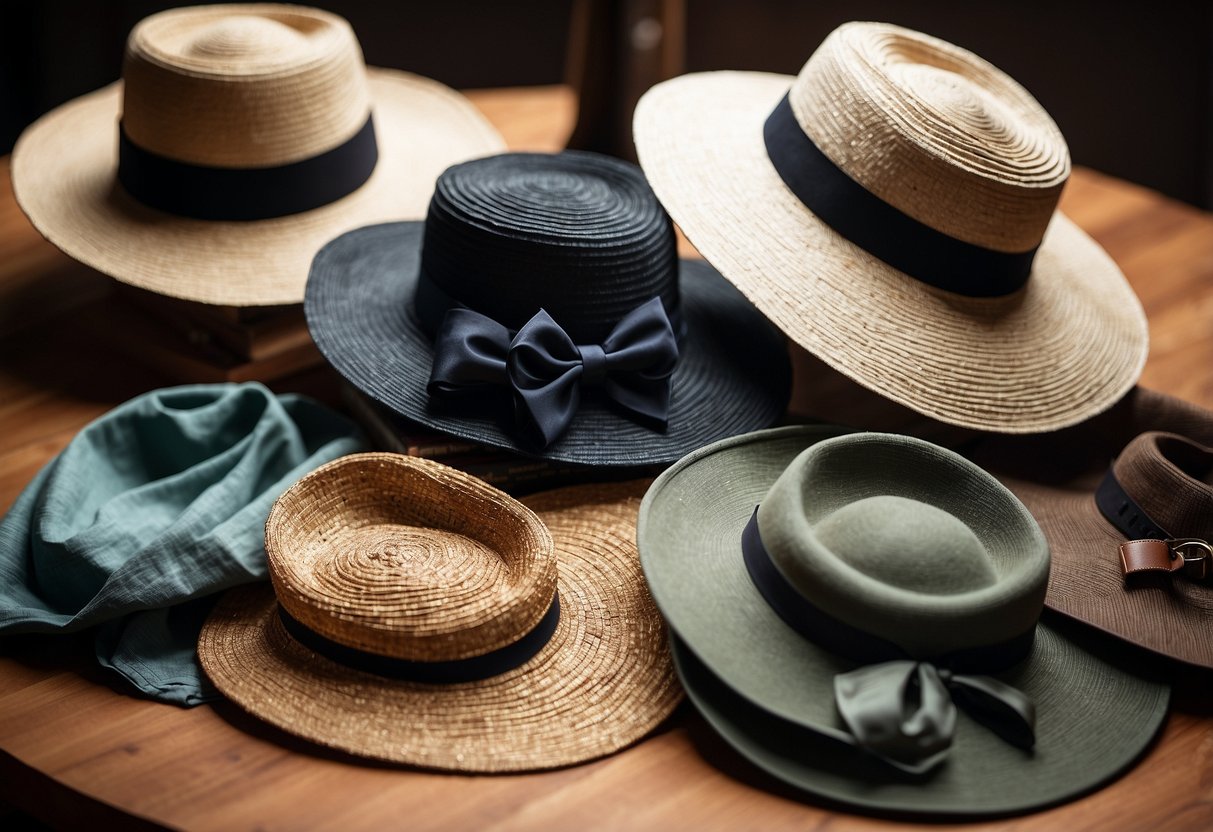 A table with 5 lightweight photography hats for women, showcasing different materials such as straw, cotton, and polyester