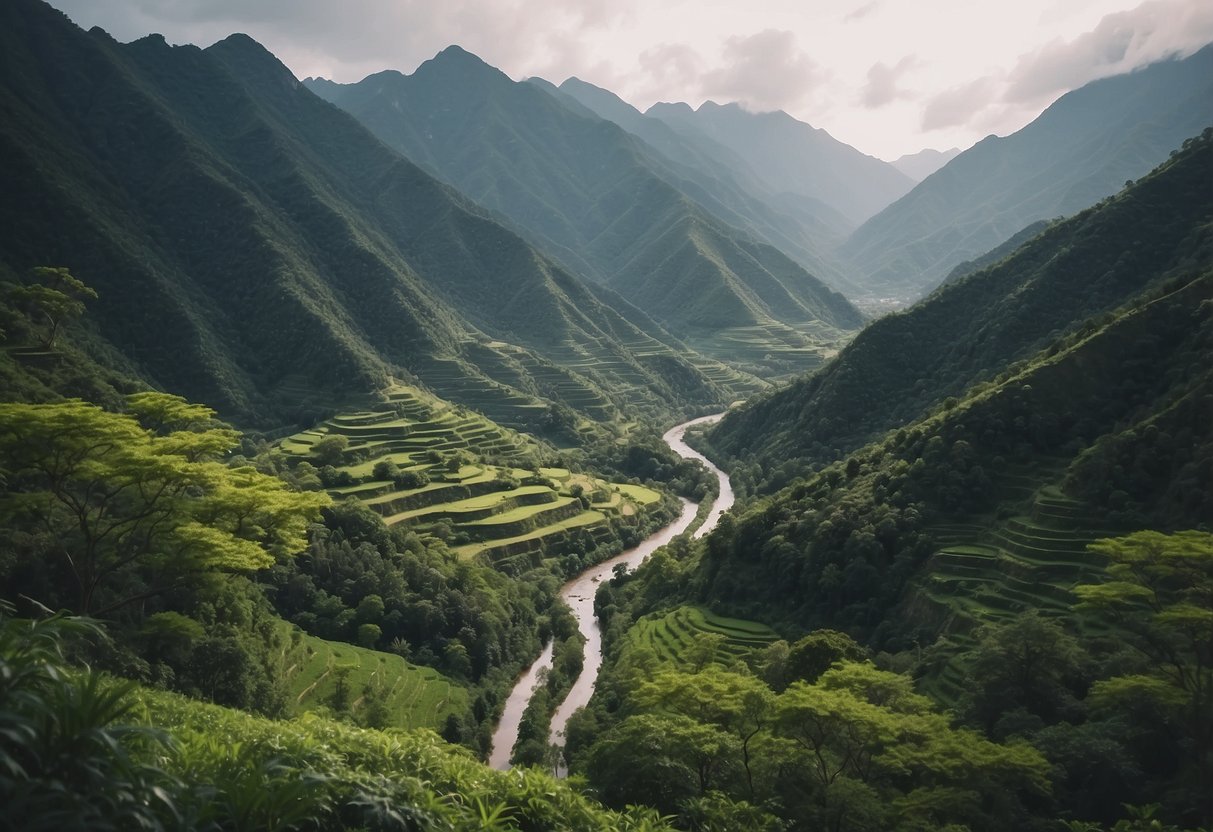 Lush green mountains, winding rivers, and vibrant flora along scenic nature routes in Asia