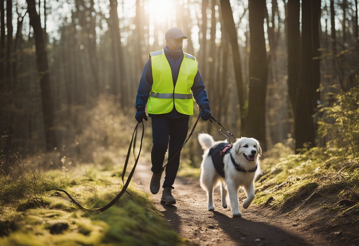 A dog wearing a reflective vest walks on a leash with its owner. The owner carries a first aid kit and water bottle. The trail is marked with clear signs