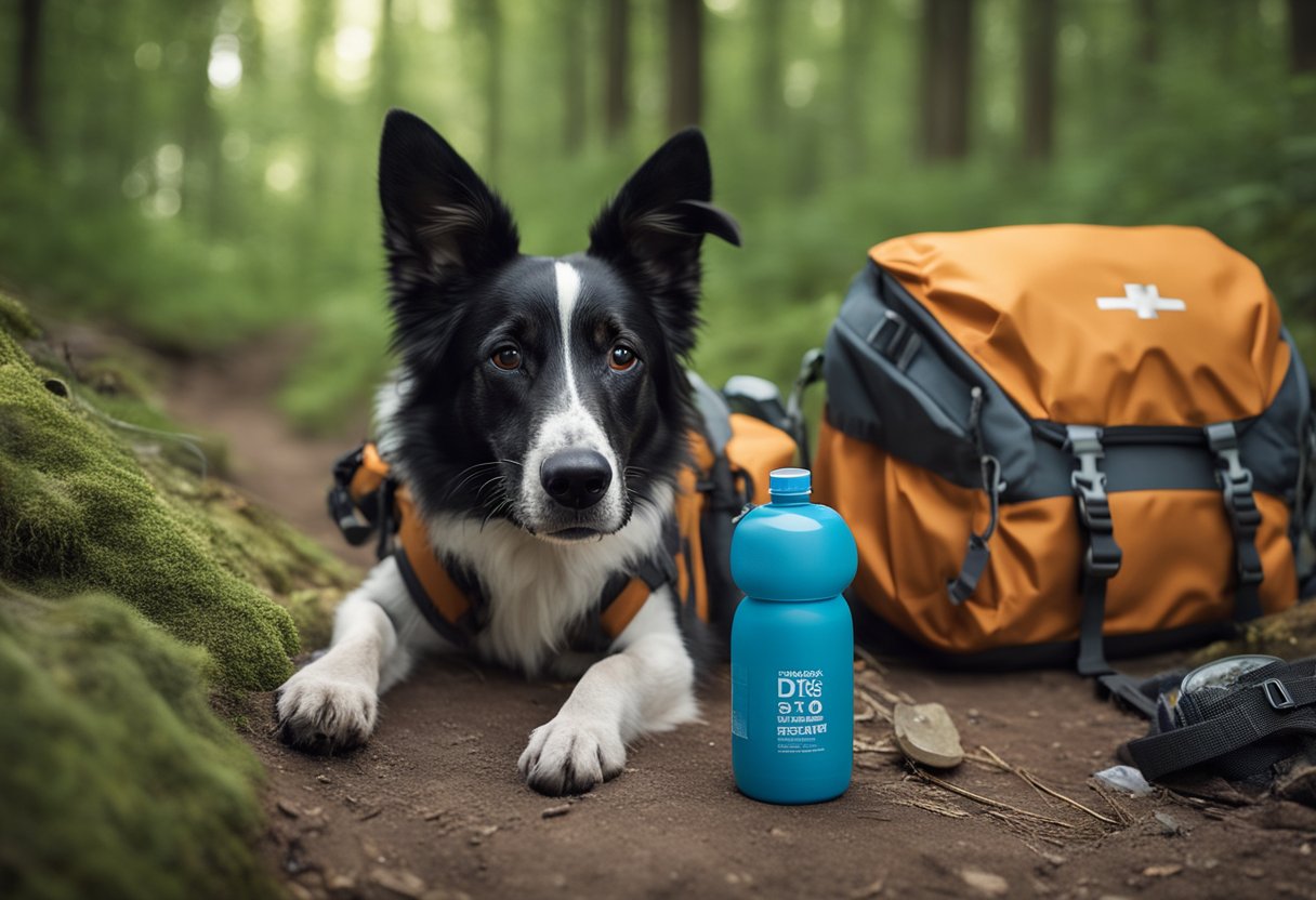 A dog with a backpack carrying water bottles and a first aid kit, while wearing a harness and leash, surrounded by hiking gear like a collapsible bowl and dog-friendly sunscreen