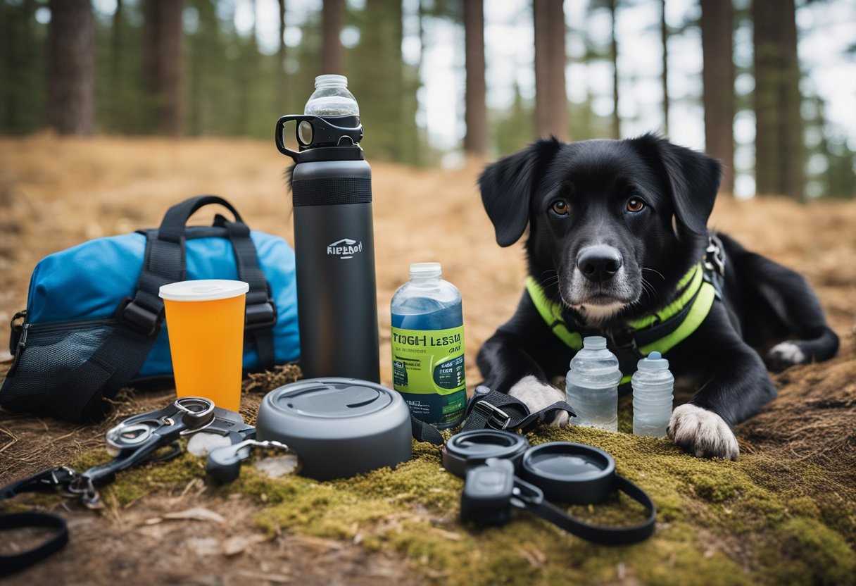Dog gear laid out: leash, harness, water bottle, and snacks. Owner checks weather and trail conditions. Safety pamphlet nearby