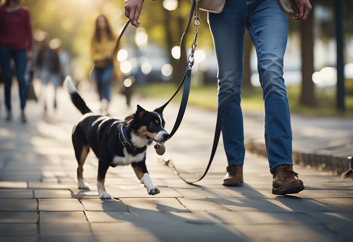 A dog walking politely on a leash, while its owner picks up its waste. Other dogs are seen on leashes, and their owners are giving them water