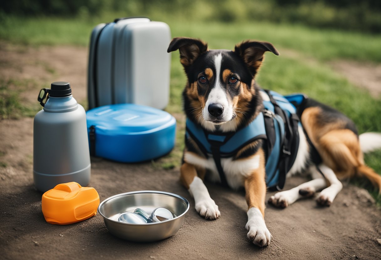 A dog drinks from a water bottle while sitting next to a bowl of food. A backpack with dog supplies and a first aid kit is nearby