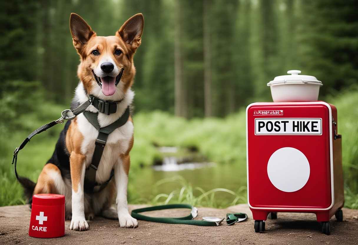 A dog sits by a water bowl, panting after a hike. A leash and first aid kit lay nearby. A sign reads "Post-Hike Care: hiking dog safety tips."