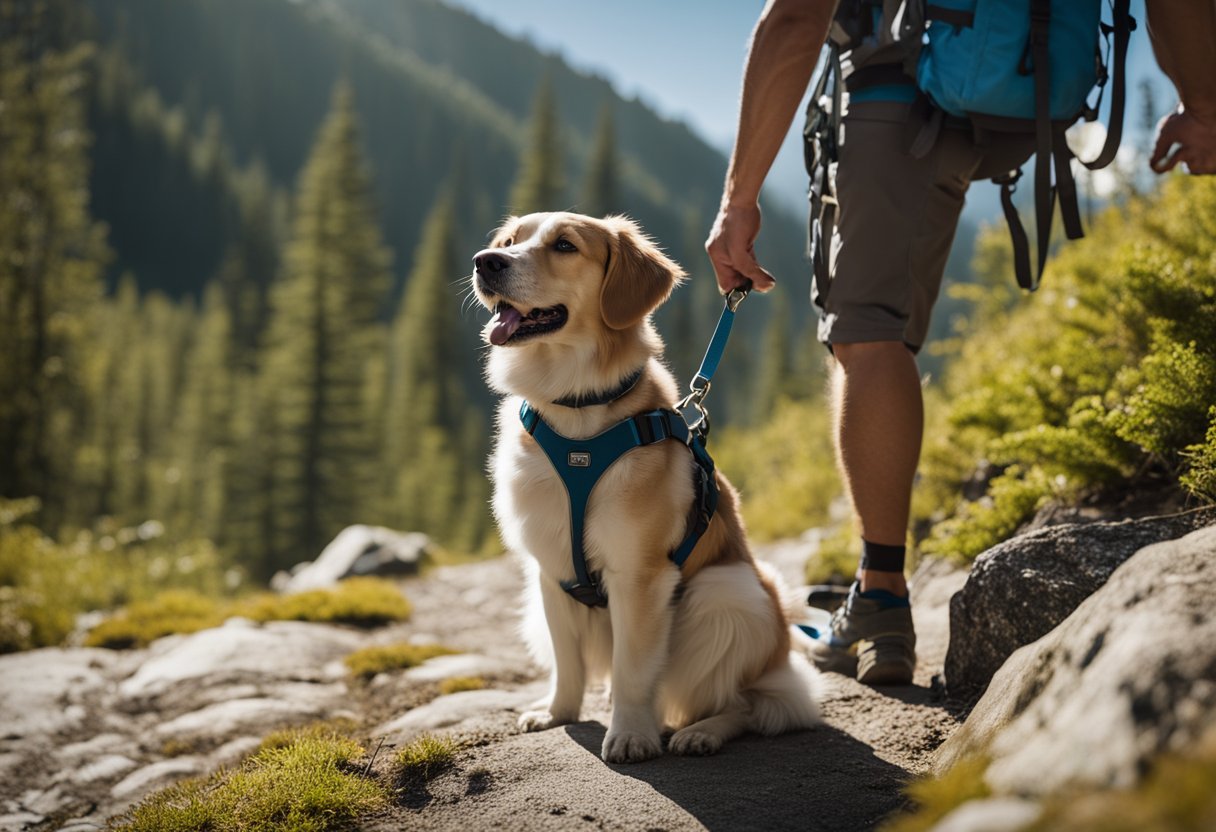 A dog wearing a harness and leash stands next to a hiker, both facing a trail marker. The hiker holds a water bottle and a map while the dog eagerly looks ahead