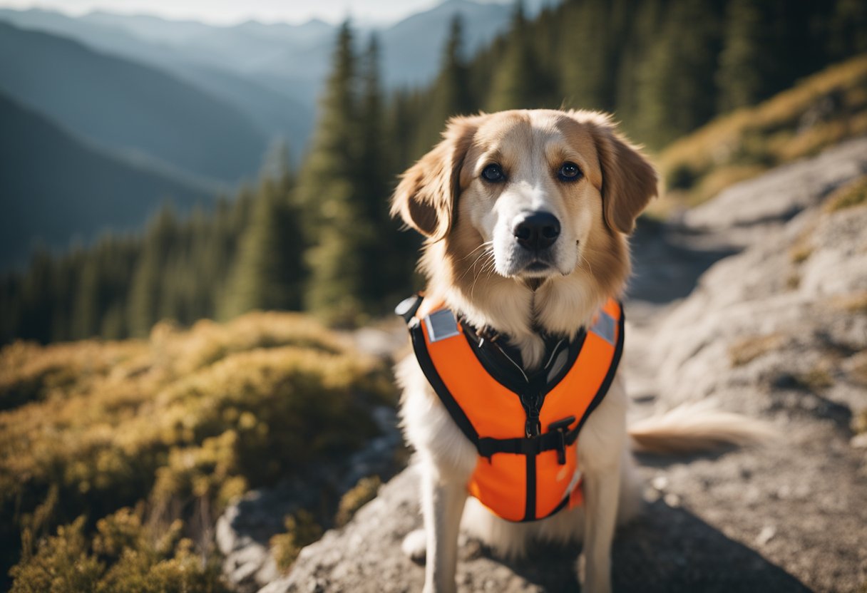A dog wearing a bright orange safety vest stands next to a hiker on a mountain trail. The hiker is holding a first aid kit and a whistle, while the dog is wearing a harness with a leash attached