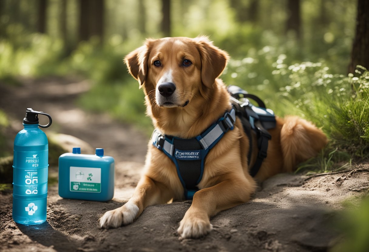 A dog wearing a hiking harness and leash, with a first aid kit and water bottle nearby. A trail sign with "Frequently Asked Questions hiking dog safety tips" is visible
