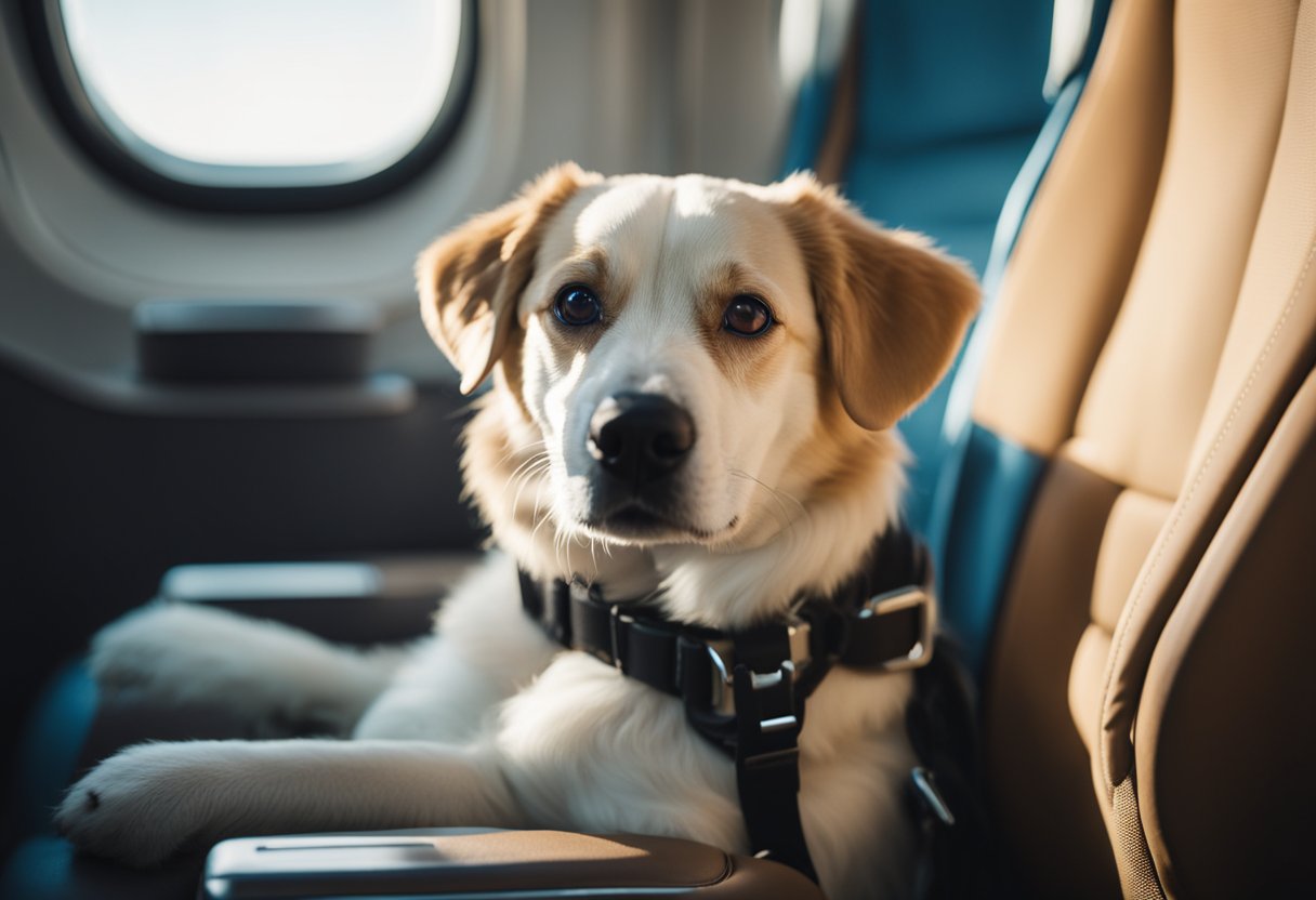 A dog sits in an airplane seat, wearing a seatbelt, with a window view