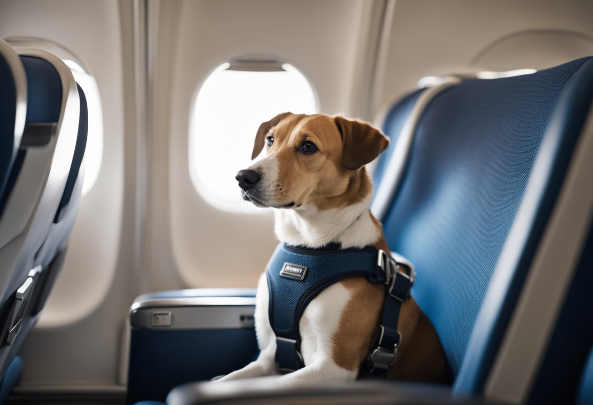 A dog sits comfortably in an airplane seat, with a seatbelt securely fastened around its body. The owner looks on with a smile, knowing they followed the airline's pet policy