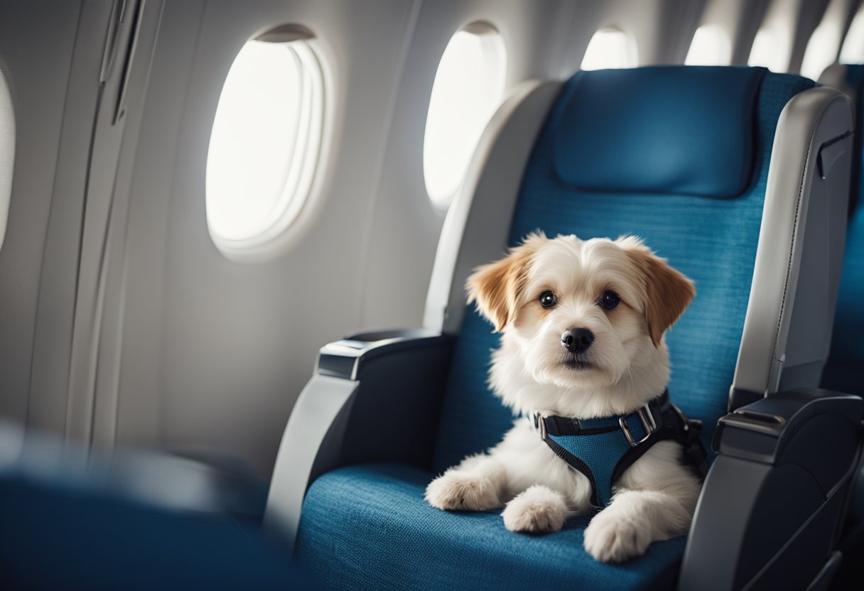 A dog sits comfortably in a designated pet seat on an airplane, with a leash attached to the seat for safety