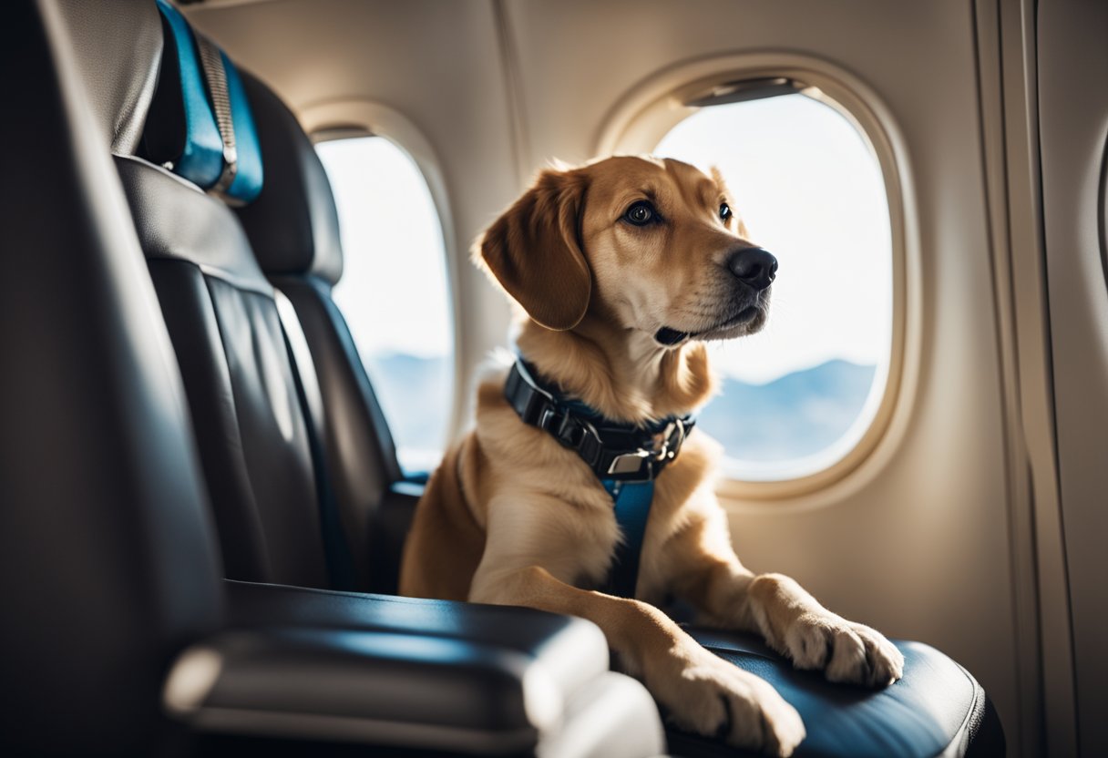 A dog sits comfortably in its own airplane seat, complete with a seatbelt and a window view
