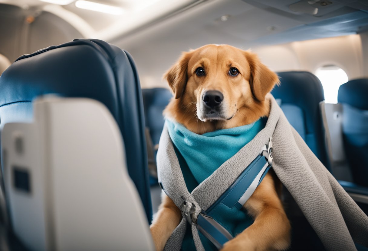 A dog sits comfortably in a secure, designated seat on an airplane, with a safety harness and a cozy blanket for added comfort