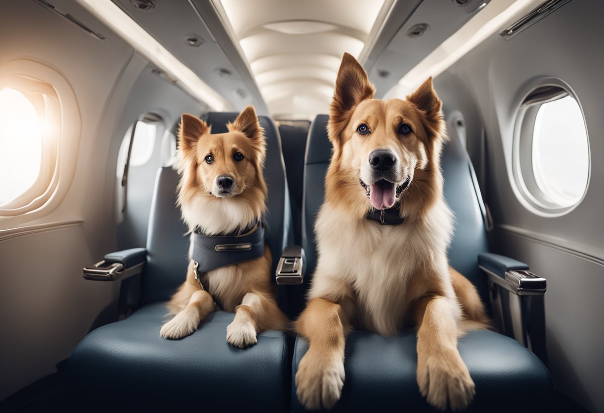 Different dog sizes in airplane seats: small, medium, large. No humans or body parts
