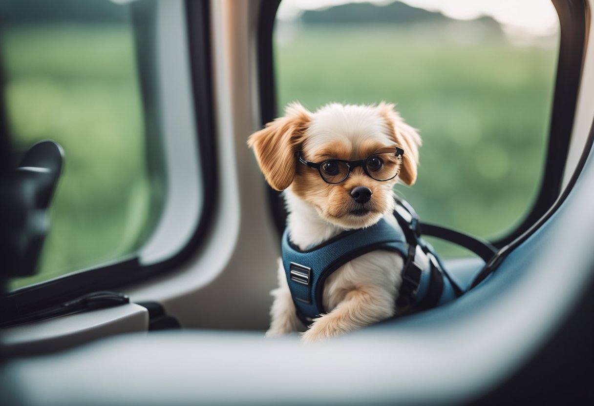 A small dog sits in a comfortable airplane seat, wearing a seatbelt and looking out the window with curiosity
