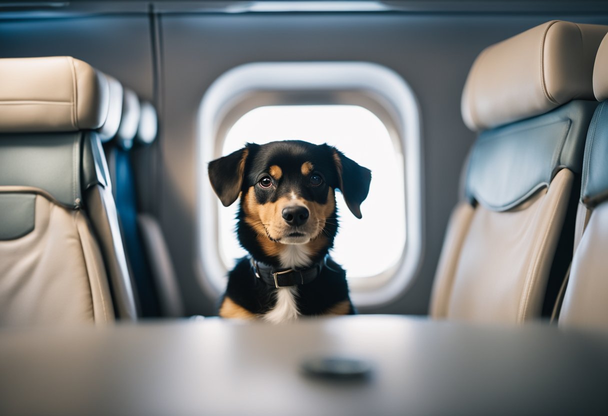 A dog seated in an airplane, with a question mark hovering above its head