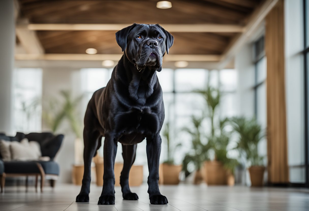 A cane corso stands proudly in a spacious, well-lit room, with its strong and muscular frame on display. Its alert and confident expression exudes an air of elegance and power