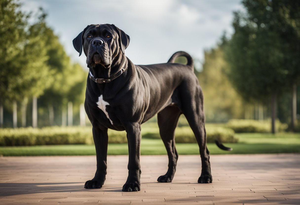 A Cane Corso stands proudly, with a regal posture, against a backdrop of a spacious and well-maintained outdoor setting