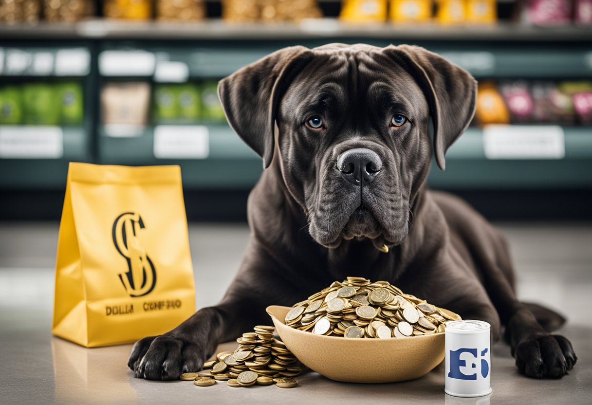 A cane corso sits beside a price tag with dollar signs, a vet bill, and a bag of dog food, representing the initial costs beyond purchase