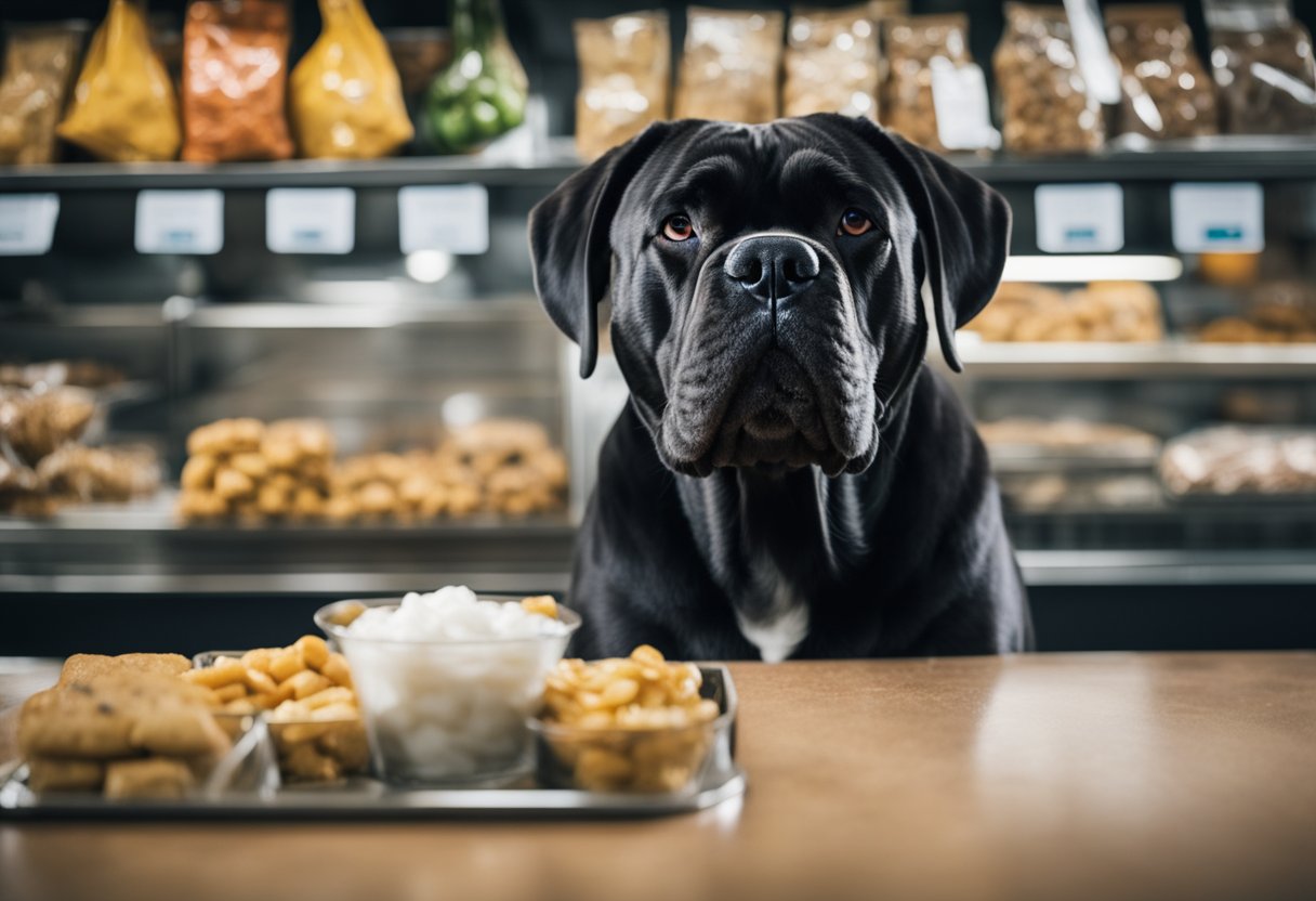 A cane corso stands beside a price tag, surrounded by various expenses like food, grooming, and vet bills